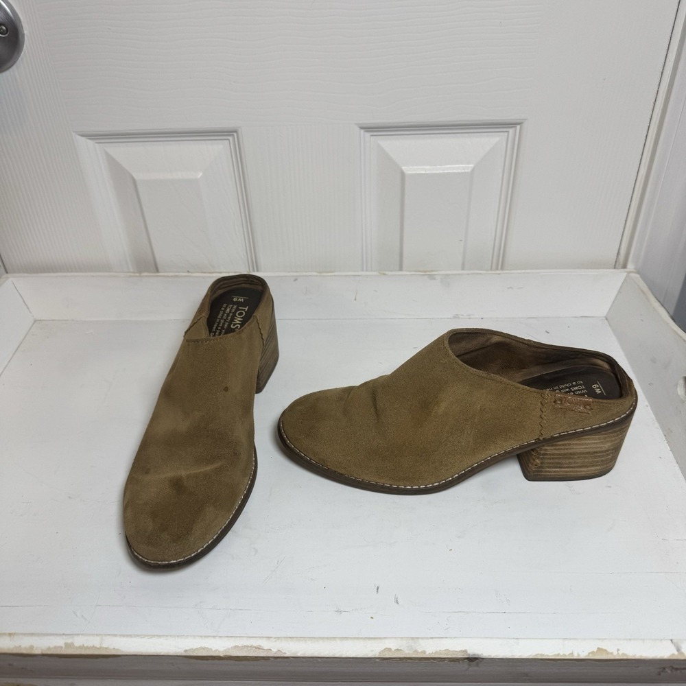 TOMS Leila Womens 9‎ Tan Suede Leather Chunky Heel Clogs Shoes Slip On Brown Tan